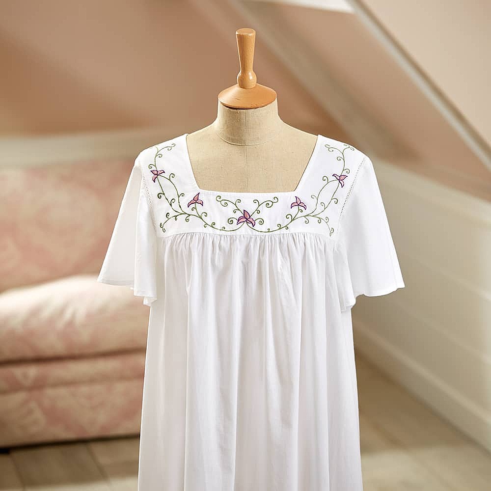 Chemise De Nuit Brodée Vintage - Taille L, Blanc à Pois, Manches Courtes, Neuve Sans étiquettes