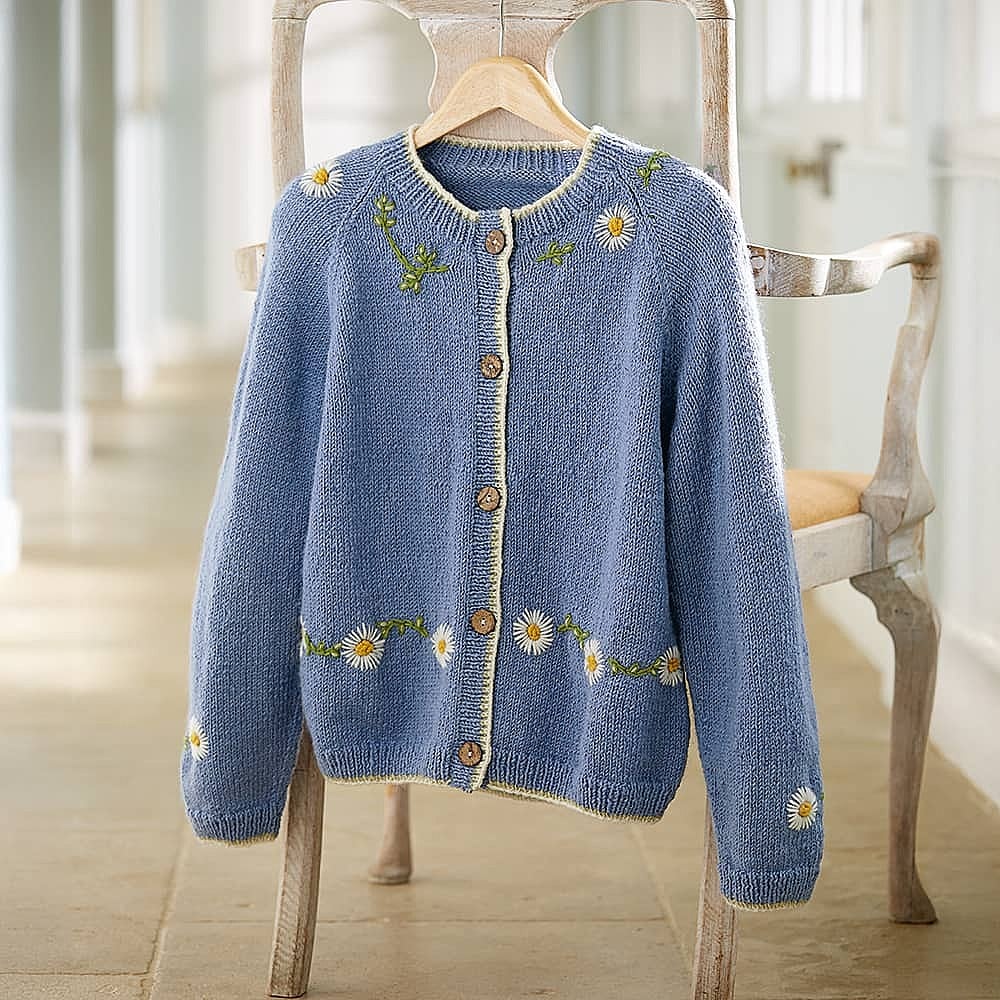 Cardigan Tricoté Main à Motifs Fleuris - Coton - Taille 40/42 (XL) - Occasion Très Bon état - Vintage