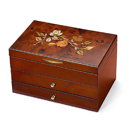 Boîte à Bijoux Ancienne En Bois, Métal Et émail - Motif église Et Fleurs - 186g - 12x8,5 Cm