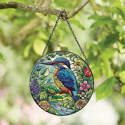 Martin-Pêcheur Sur Pierre Avec Fond Jonc - Décoration Jardin Réaliste En Résine Et Métal Vivid Arts